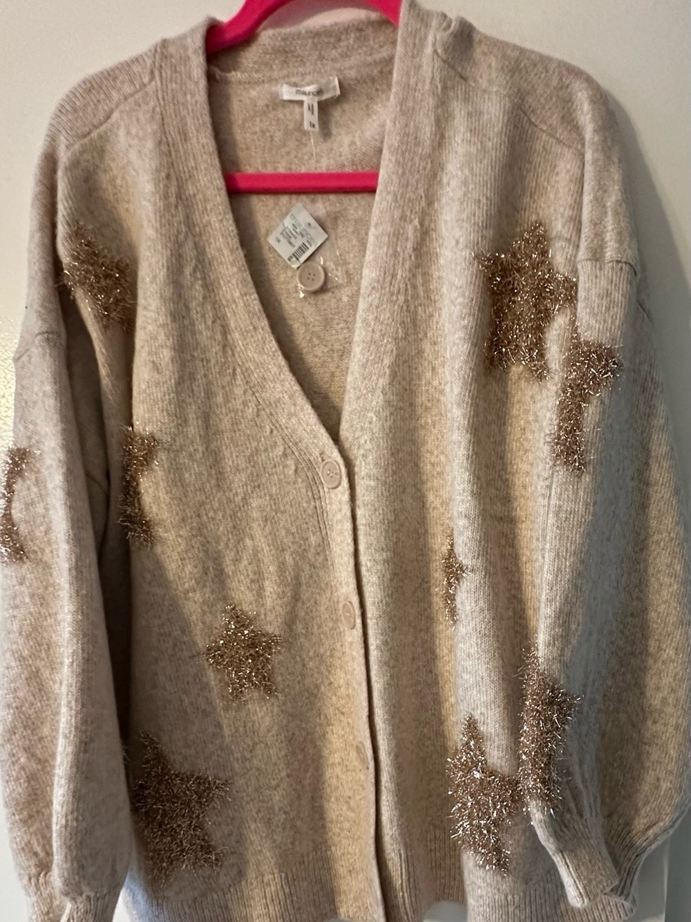 Maurices tinsel star button down cardigan 1X NWT beige gold